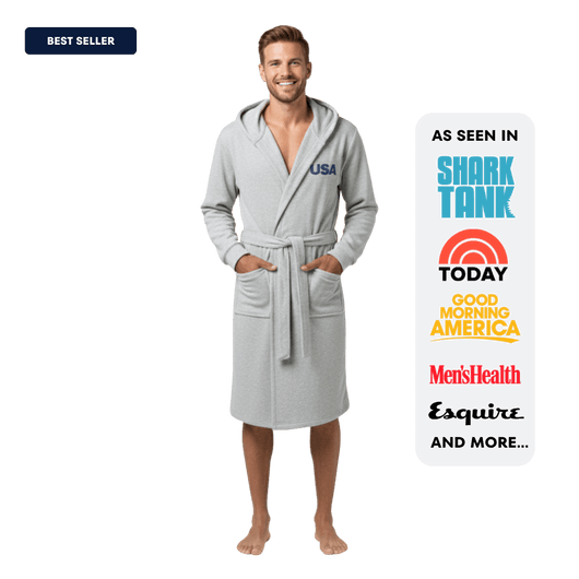 Man wearing The All-American robe featuring USA logo, perfect for comfort and style, showcasing the american flag robe.