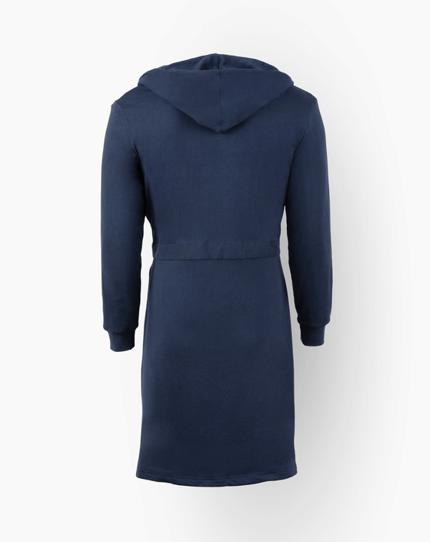 Back view of The DudeRobe luxury hooded bathrobe in navy, perfect for lounging and casual wear.