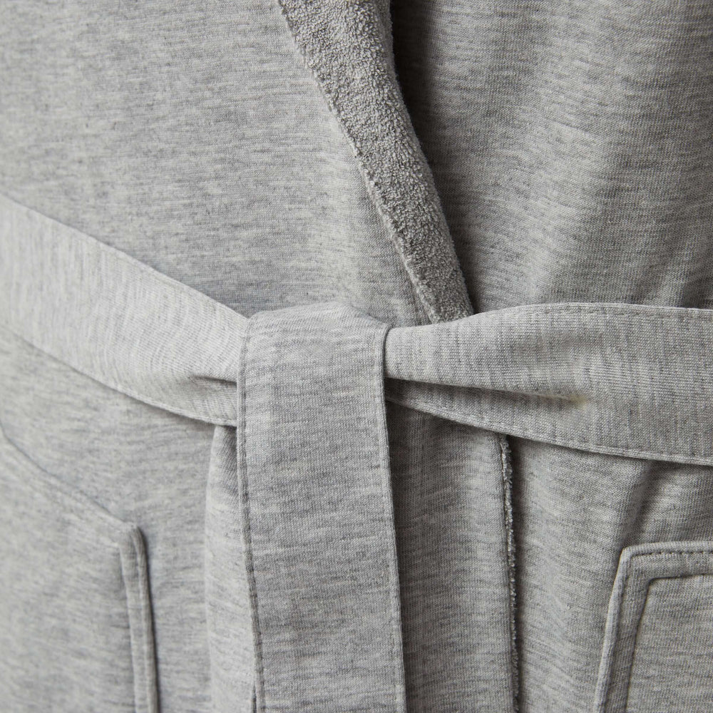 The DudeRobe - Men's Luxury Hooded Bathrobe detail showing grey fabric and tie.