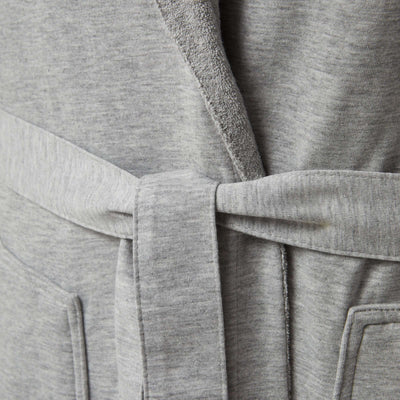 The DudeRobe - Men's Luxury Hooded Bathrobe detail showing grey fabric and tie.