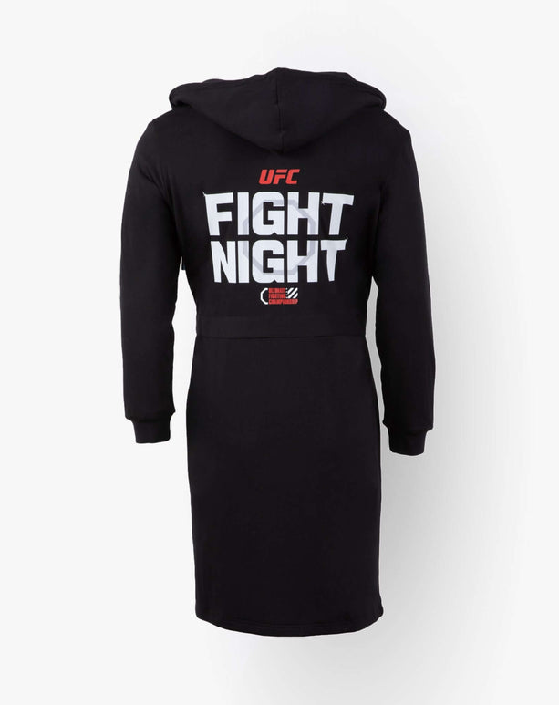 Black UFC DudeRobe with hoodie, featuring 'Fight Night' graphic on back, perfect for lounging and casual wear.