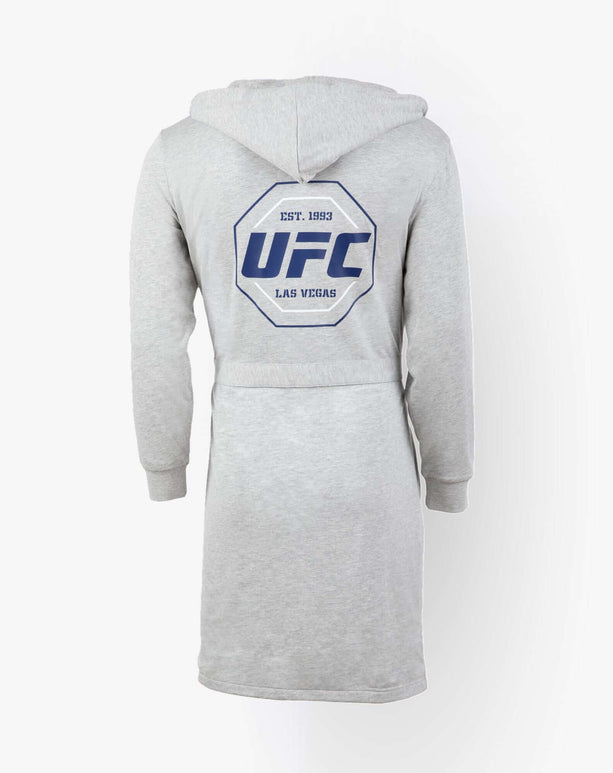 Back view of the UFC DudeRobe, a stylish grey bathrobe with a hood and logo, perfect for lounging or after the shower.