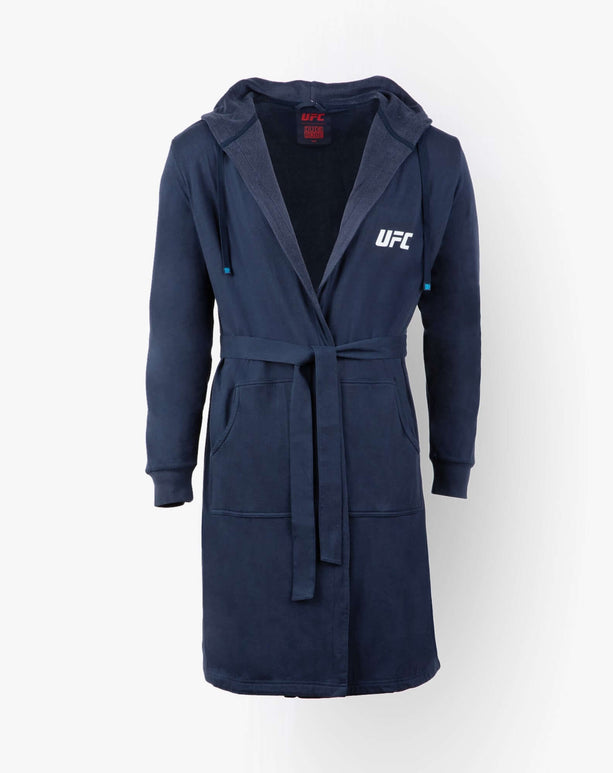 Navy UFC DudeRobe with hood, perfect for lounging, post-shower wear, featuring modern design and comfort.