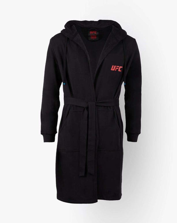 DudeRobe hoodie bathrobe featuring UFC logo, perfect for lounging or post-shower comfort.