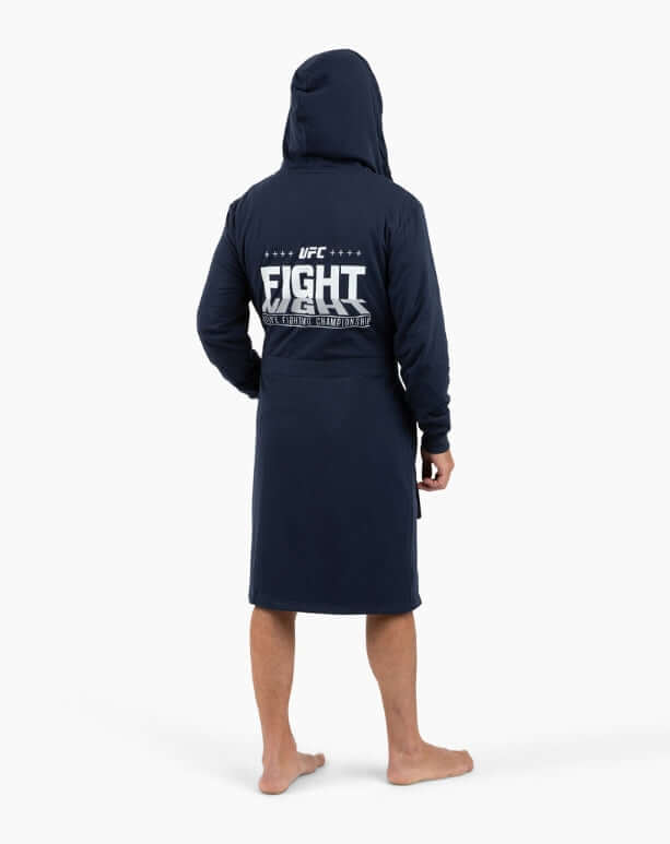 UFC DudeRobe in navy, showcasing a modern design with hood and 'FIGHT' graphic on the back, perfect for lounging.