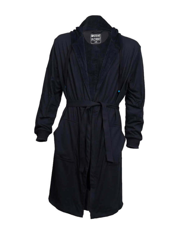 DudeRobe Ultimate Combo luxury men's bathrobe, featuring a modern design in sleek black.