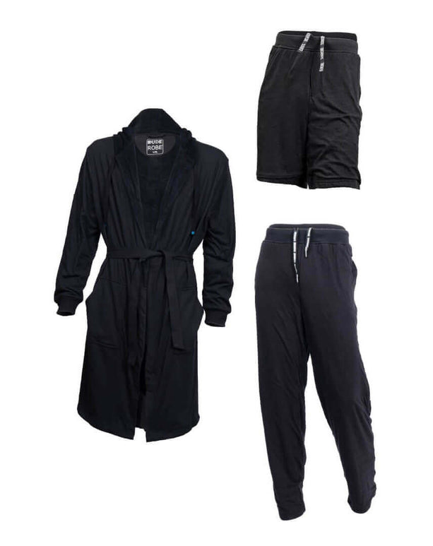 Ultimate Combo: Luxury men's bathrobe, shorts, and pants set for stylish lounging and comfort.