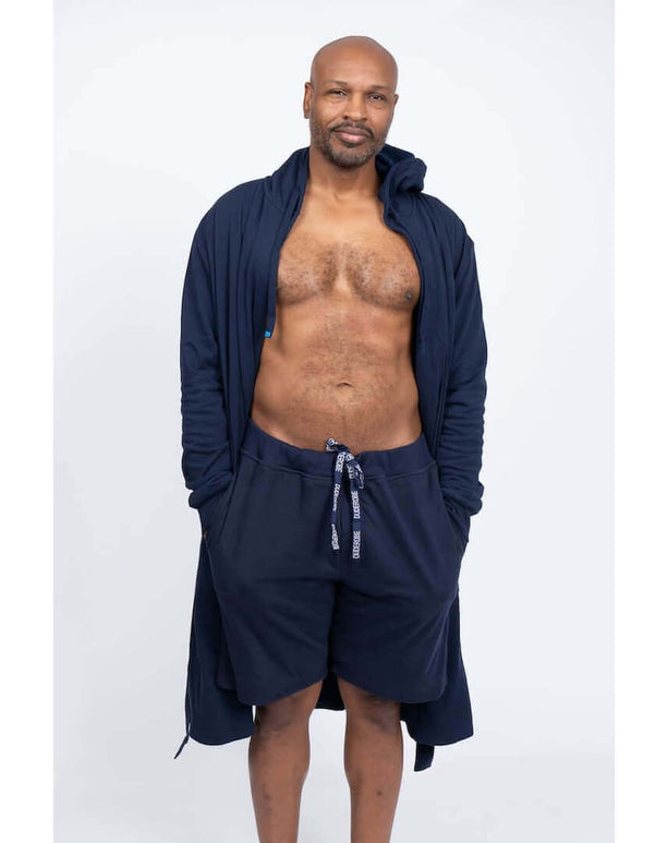 Luxury men's bathrobe and shorts from DudeRobe, perfect for lounging or post-shower comfort.