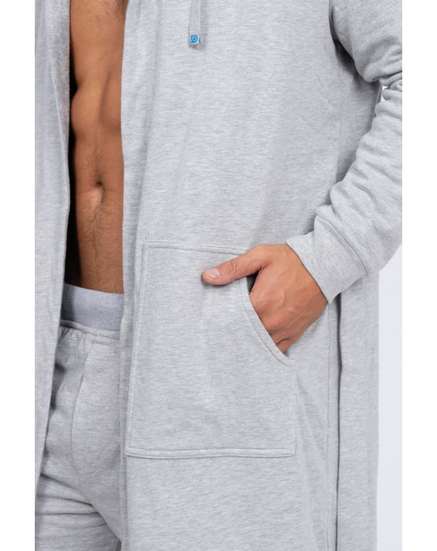 Stylish man in gray Ultimate Combo bathrobe with pockets, showcasing modern loungewear for comfortable living.