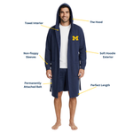 University of Michigan DudeRobe showcasing features like towel interior, hood, and soft hoodie exterior for university of michigan apparel.