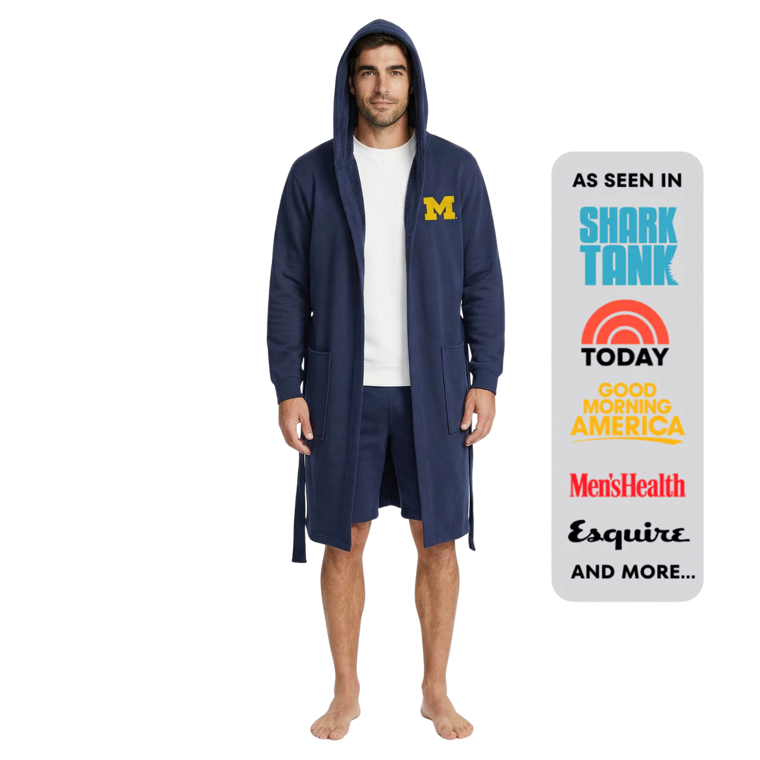 University of Michigan DudeRobe worn by a man, showcasing university of michigan apparel in navy blue.