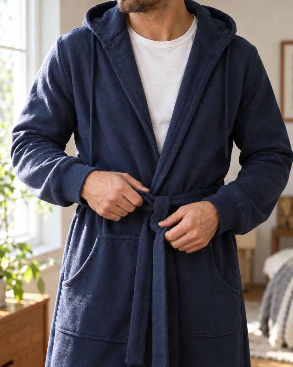 Hands tying the sewn-in DudeRobe belt