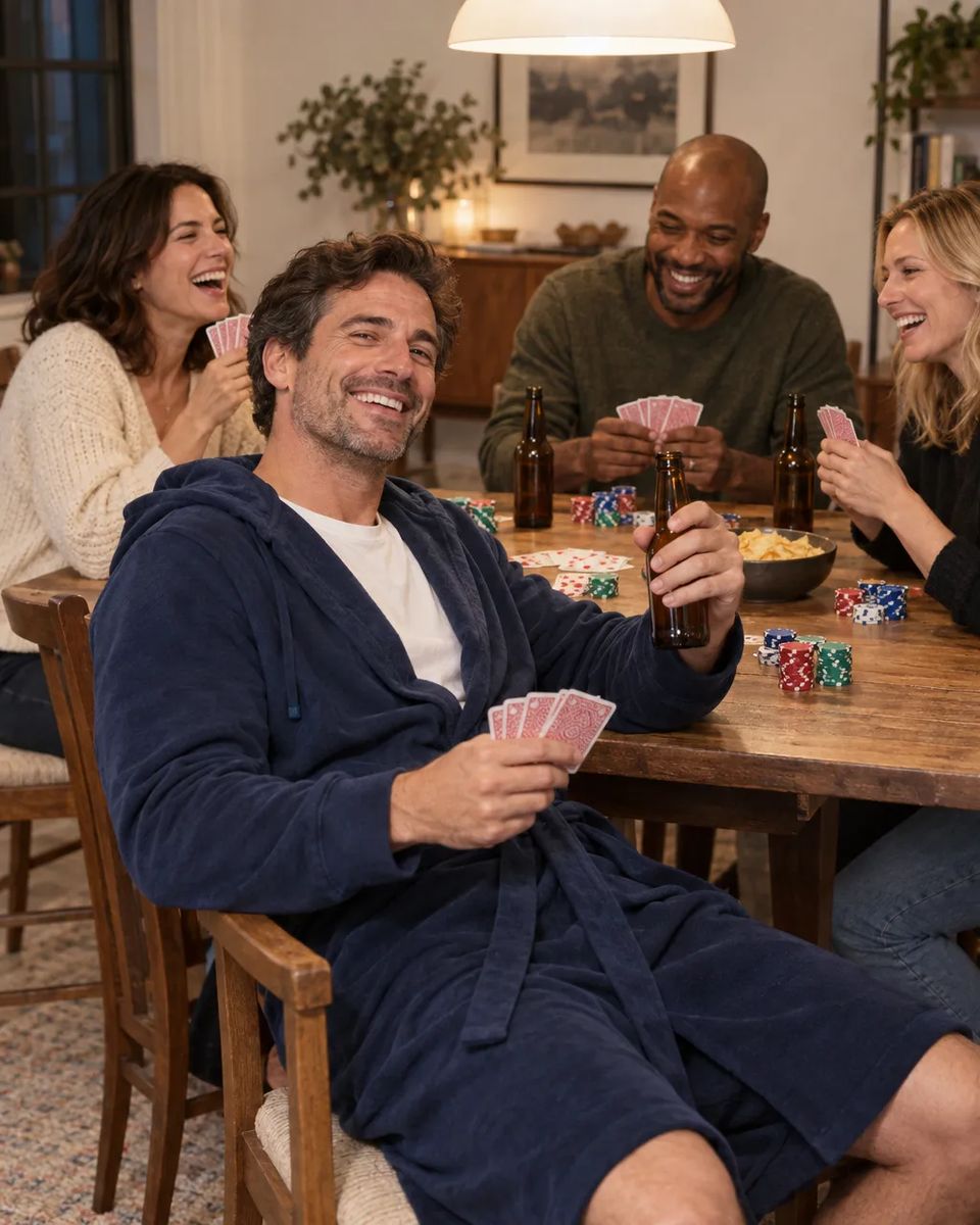 Card night with friends, one guy in a navy DudeRobe