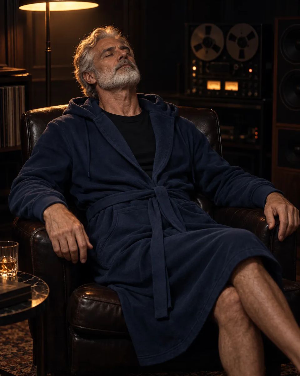Man relaxing in a leather chair in a navy DudeRobe
