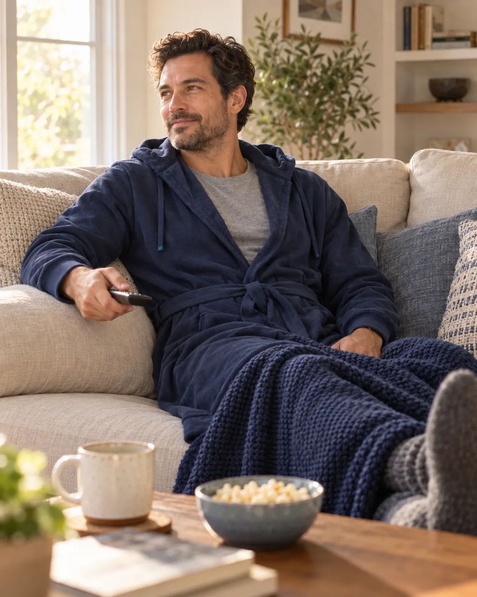 Guy slouched on the couch, legs up, robe staying closed