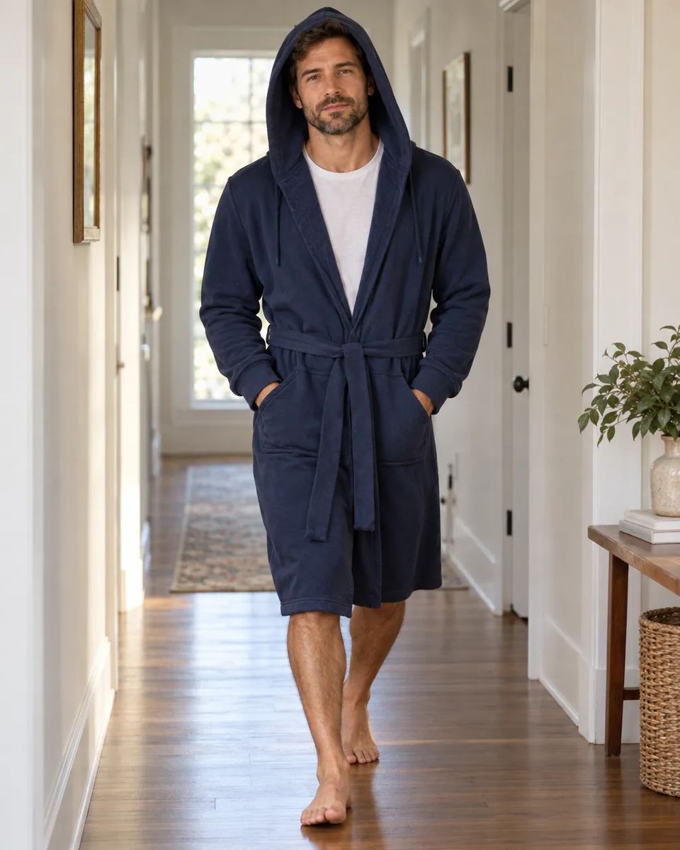 Guy walking down a hallway in a navy DudeRobe