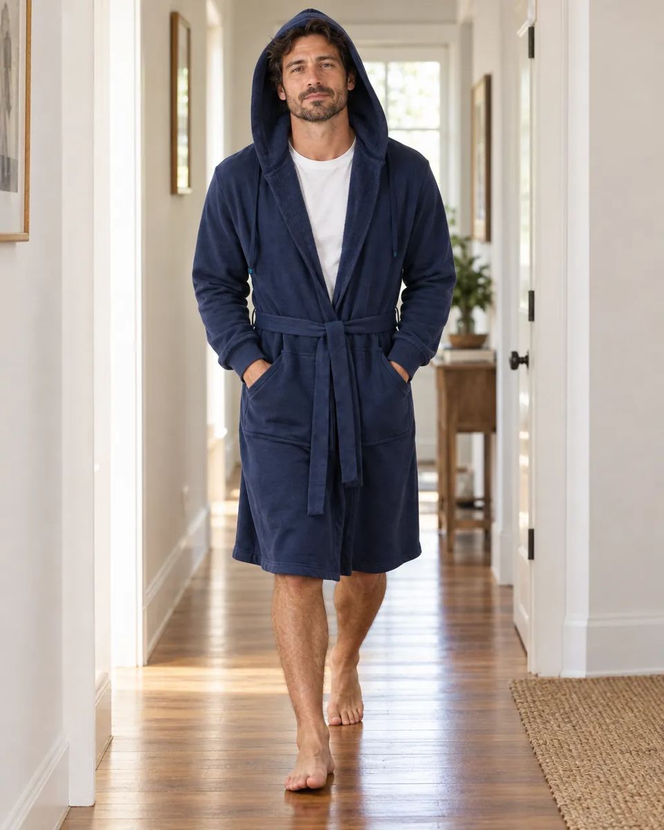 Guy walking down a hallway in a navy DudeRobe, hood up