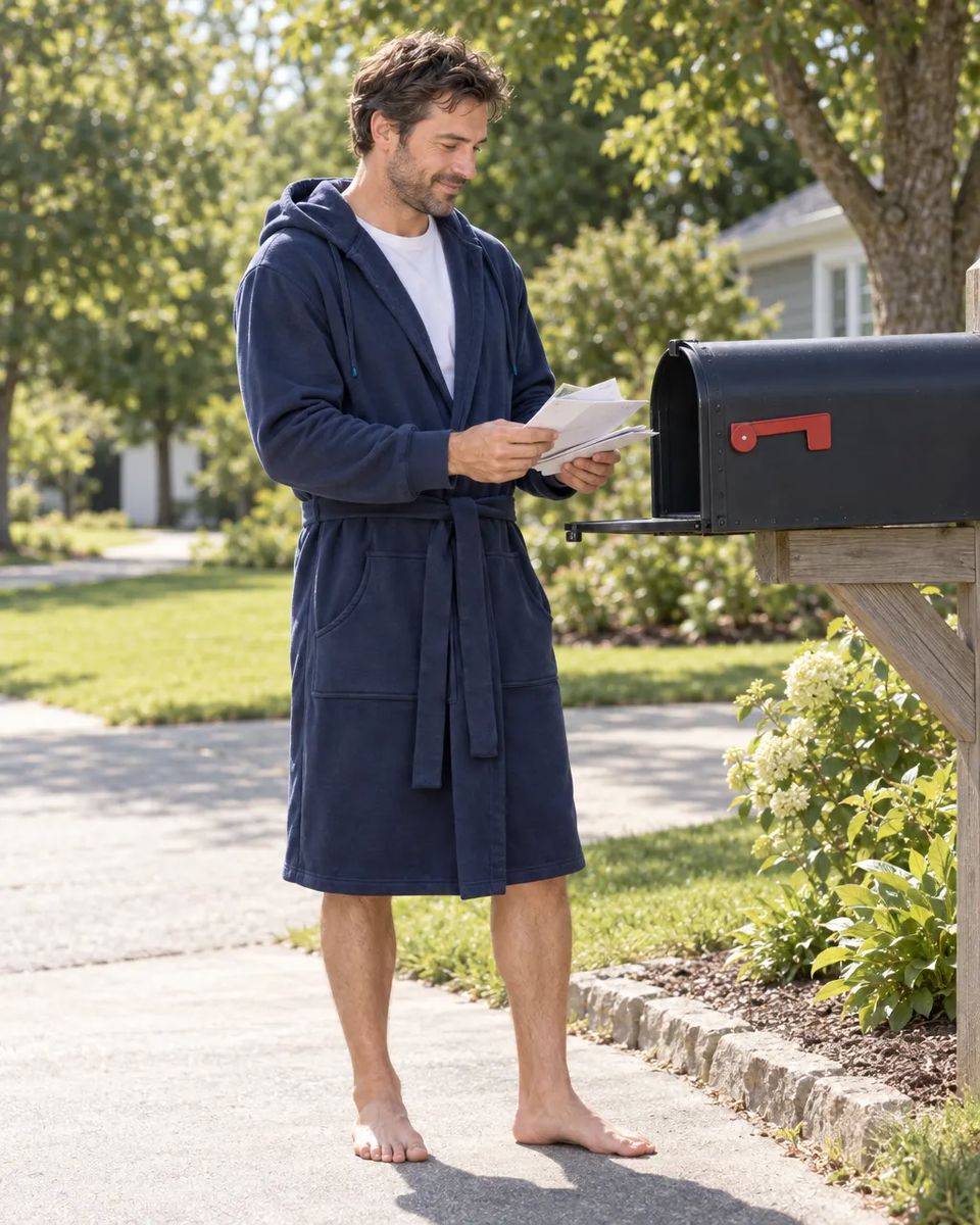 Guy at the mailbox in a navy DudeRobe