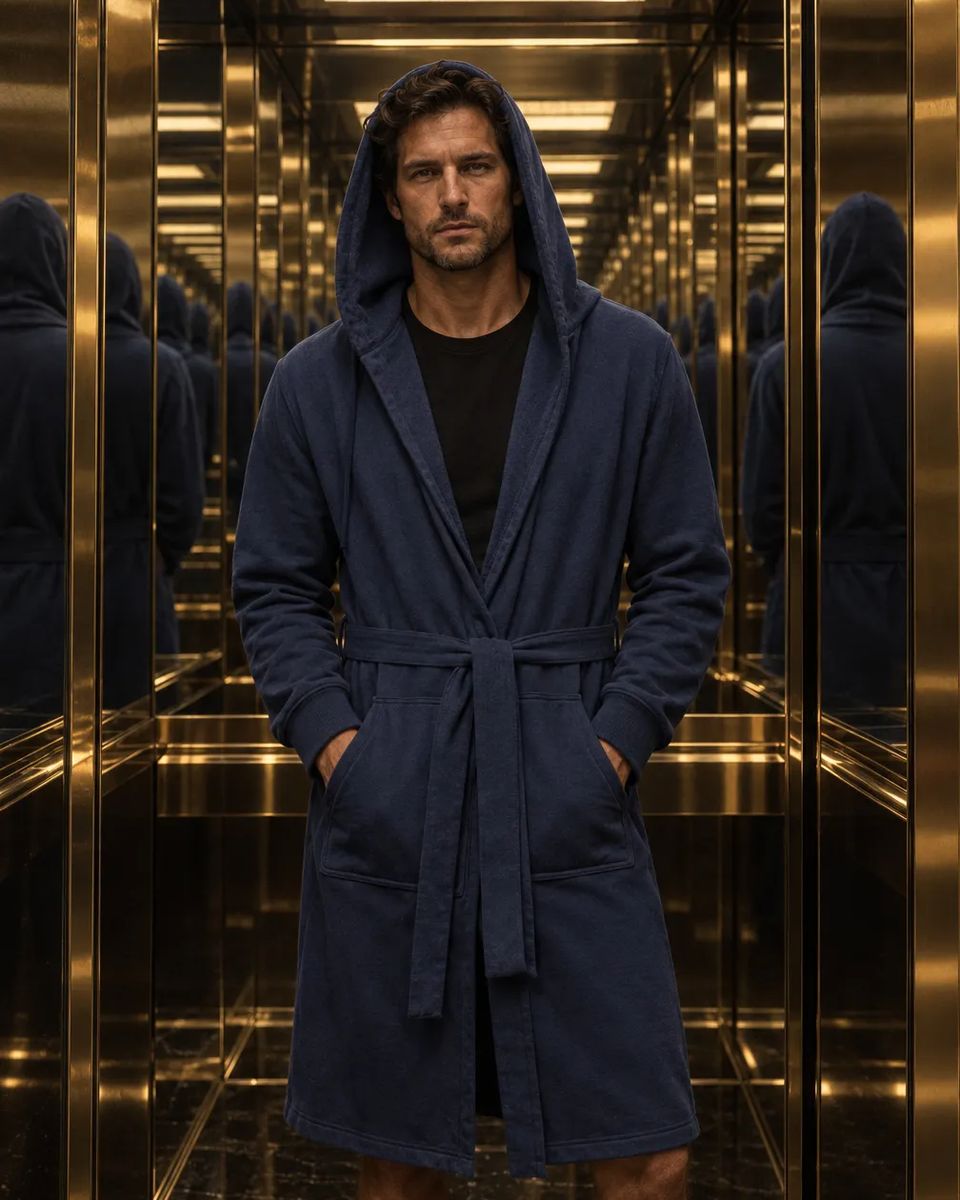 Man in a navy DudeRobe with the hood up