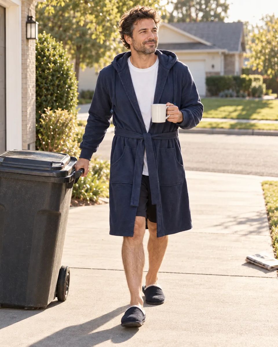 Guy taking the trash out in a navy DudeRobe, coffee in hand