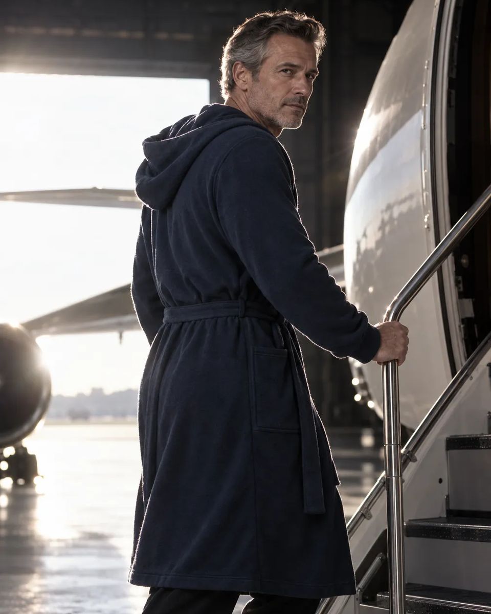 Man in a navy DudeRobe walking off up the stairs of a jet