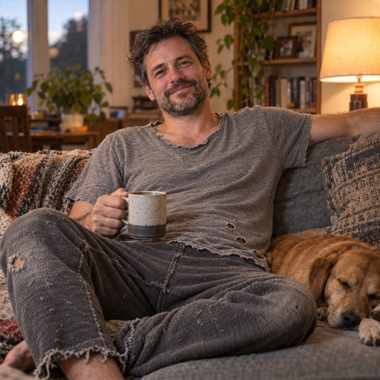 A good dude relaxing at home in badly worn loungewear
