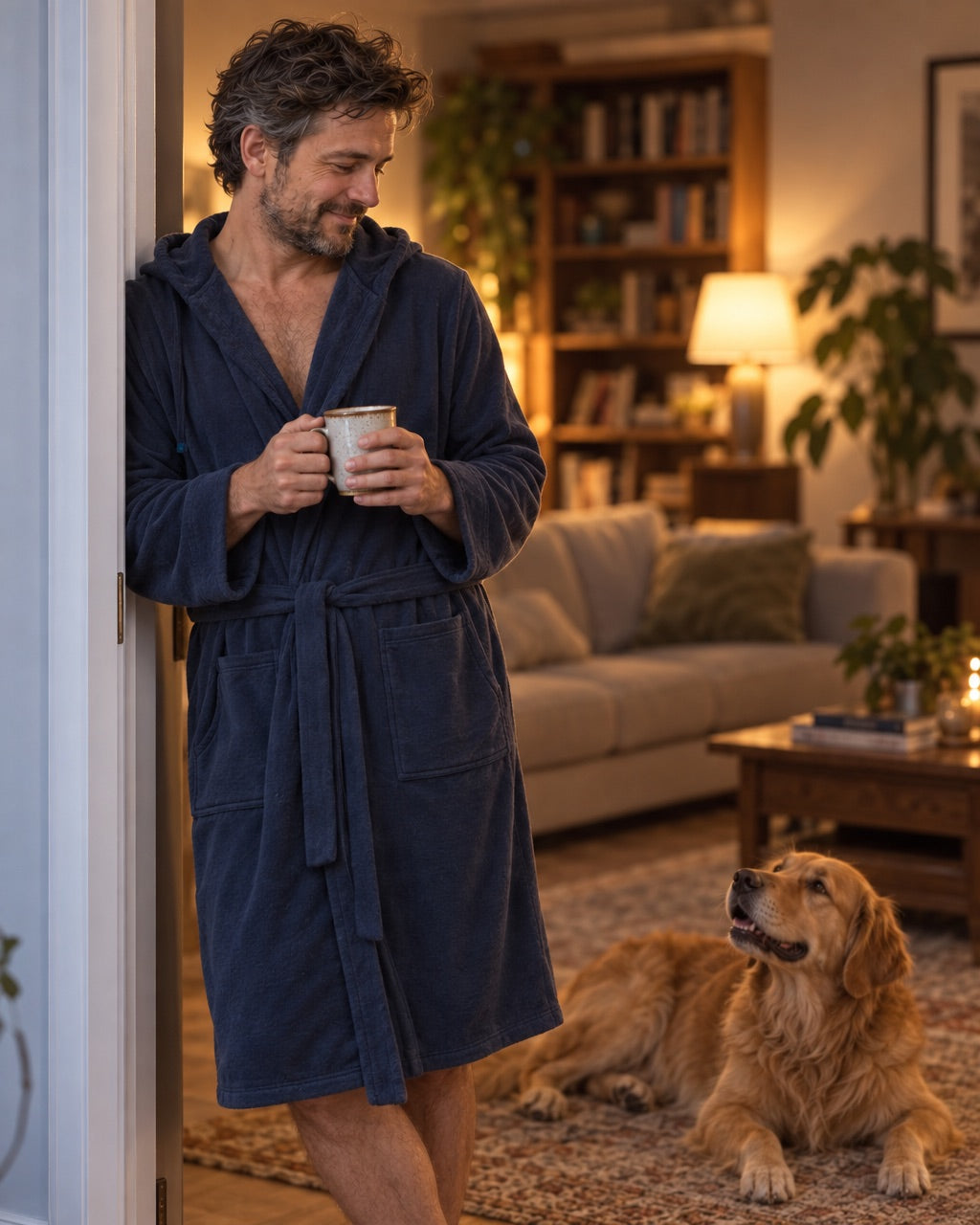 A man in a navy DudeRobe leaning in a doorway with his dog